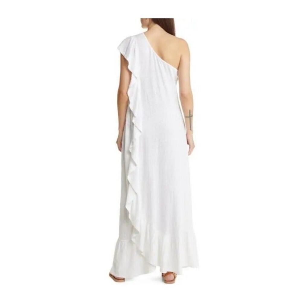 Elisa Slub Cotton White Maxi Dress Ruffled One Shoulder Dress Medium - Picture 5 of 16